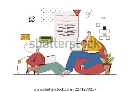 Freelance work concept with character situation in flat design. Woman and man doing online tasks with laptops, communicate and work in cozy home office. Vector illustration with people scene for web