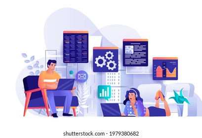 Freelance work concept in flat design. Freelancers or remote workers scene template. Man and woman working on laptops in comfortable environment. Vector illustration of people characters activities