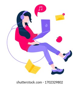 Freelance work concept with flying girl and laptop, book, messages. Work at home, home office, remote work concept flat style vector illustration. Cute freelancer or student isolated white background.