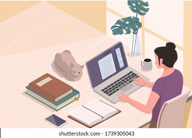 Freelance work concept. Freelancer work in comfortable conditions. Home working space. Modern flat cartoon style. Vector illustration on white background