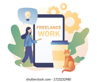 Concepto de trabajo independiente. Hogar. Espacio de trabajo. Pequeña chica trabaja en condiciones cómodas con smartphone. Estilo moderno de caricatura plana. Ilustración del vector sobre fondo blanco