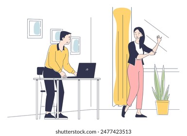 Freelance work concept. Man with laptop and woman in apartment. Remote worker or employee in home office. Young guy works on internet. Linear flat vector illustration isolated on white background