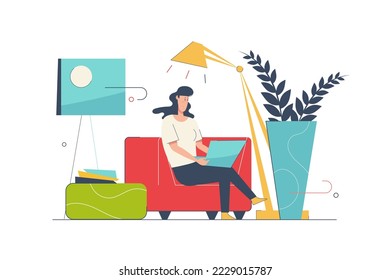 Concepto de trabajo independiente con escenas de personas en diseño de dibujos animados planos. Mujeres trabajando lejos mientras están sentadas en casa, haciendo tareas y comunicándose en línea. Ilustración de vector con situación de caracteres para web