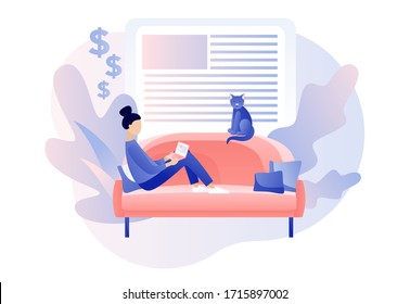 Freelance work concept. Tiny girl freelancer work in comfortable conditions sitting on couch. Home working space. Modern flat cartoon style. Vector illustration on white background