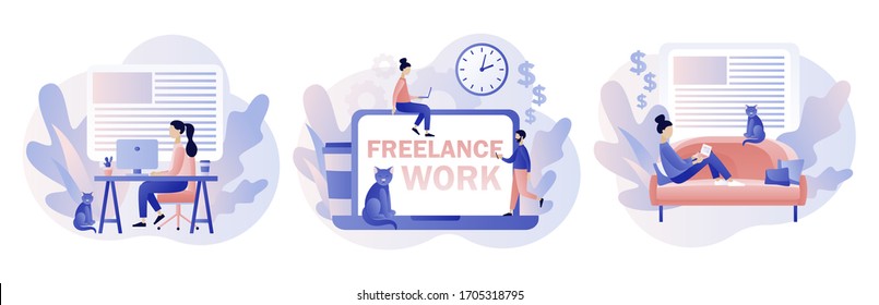 Freelance work concept. Tiny people work in comfortable conditions. Home office. Working space. Modern flat cartoon style. Vector illustration on white background