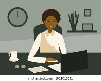 Freelance work concept. Woman work at home. Freelancer young woman sitting at table and using laptop. Front view. Vector illustration