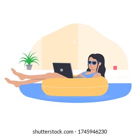 Freelance work concept. Young girl working from home. Freelancer in a comfortable pose in the pool. Vector illustration