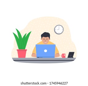 Concepto de trabajo independiente. Joven trabajando desde casa. Trabajador independiente en su lugar de trabajo. Ilustración del vector