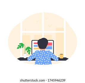 Freelance Work Concept. Junger Mann, der von zu Hause aus arbeitet. Freelance zu Hause. Vektor-Abbildung