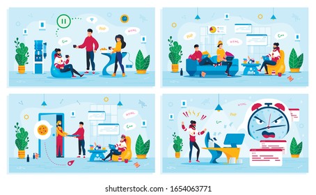 Freelance Work, Coworking Office Trendy Flat Vector Concepts Set. Startup Team on Break, Freelancers Gathering at Home, Courier Delivering Pizza to Client, Programmer Failing Deadline Illustration