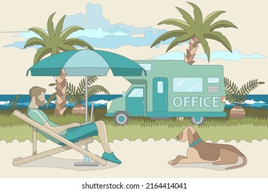 Freiberufliche Arbeit, digitale Nomade. Cartoon, Vektorgrafik in flachem Design. Reise und Arbeit, Remote-Job, Freiberufler Lifestyle, Menschen im gemeinsamen Arbeitsraum, digitale Nomade, Arbeit mit Laptop.