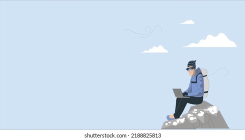 Freelance work, digital nomad. Cartoon vector illustration in flat design. Travel and work, remote job, freelancers lifestyle, nature mountain landscape. digital nomad, working abroad with laptop.