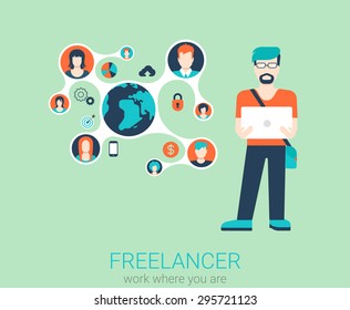 Freelance work flat web infographic concept vector. Young stylish freelancer man with laptop and connected content profiles. Global telework conceptual vector illustration. Creative people collection.