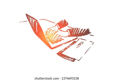 Freelance, work from home, businessman working with laptop, business webinar, programmer occupation. Remote job, online education, e learning concept sketch. Hand drawn vector illustration