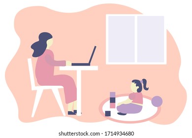 Freelance. Work from home at the computer. A part-time job for mom in dikret. Vector illustration