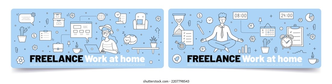 Trabajo independiente en carteles conceptuales caseros. Las mujeres jóvenes trabajan en laptop, los hombres meditan en pose de yoga. Trabajos independientes externalizados distantes en la oficina del hogar, ilustración de vector de arte de línea