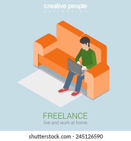Freelance work at home flat 3d web isometric infographic concept vector. Freelancer young man on sofa working on laptop. Modern home office workplace concept.