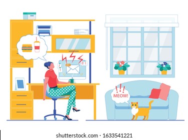 Freelance, Work at Home Flat Vector Illustration. Dreaming Woman, Housewife, Freelancer Faceless Character. Coffee Break, Fast Food Dream, Emails Bunch, Work with Electronic Mail Concept