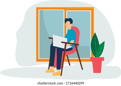 Freelance arbeitet zu Hause. Der Typ arbeitet am Fenster des Hauses. Arbeiten an einem Computer. Freiberufliche Online-Bildung oder das Konzept der sozialen Netzwerke.Vektorillustration im Flachstil.