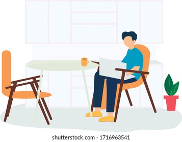 Freelance work at home. The guy works in the kitchen at home. Working on a computer. Freelance online education or the concept of social networks. Vector illustration in flat style.