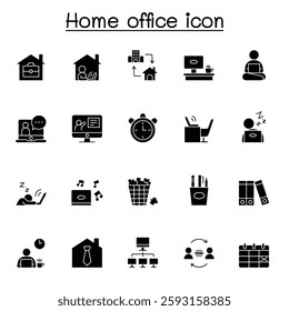 Freelance and Work at Home icon Set. Collection of linear simple web icon such as Work from Home, Distant Work, Freelance, Online Video Conferencing, Work Online and more. in glyph style