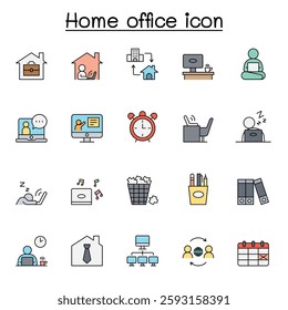 Freelance and Work at Home icon Set. Collection of linear simple web icon such as Work from Home, Distant Work, Freelance, Online Video Conferencing, Work Online and more. in color line style