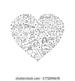Freelance work. Work at home. Individual elements in the office. Doodle style.  Vector isolated illustration with work environment elements on a white background. 