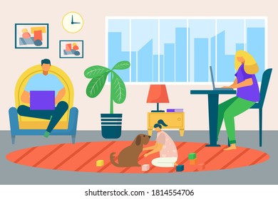 Freelance work home, male, female character working on laptop at home, self employed, home office vector illustration. Workplace in living room. Proffesional freelancers at computer.