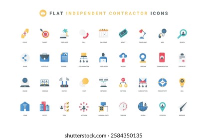 Freelance, work from home office color icon set. Remote and hybrid job, workplace with computer and desk, chat meeting and conference, resume of employee search flat elements vector illustration