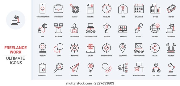 Freelance, work in home office red black thin line icons set vector illustration. Online communication and collaboration of freelancers with remote locations, productivity and portfolio of resume.