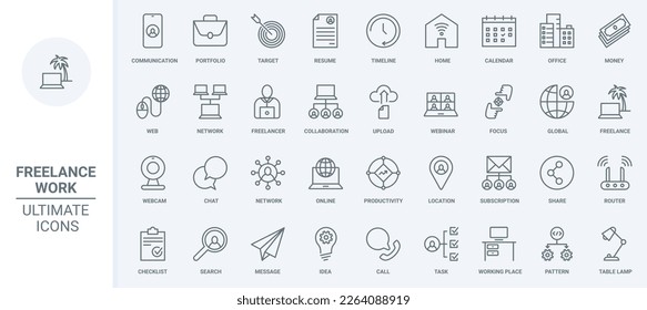 Freelance, work in home office thin line icons set vector illustration. Outline online communication and collaboration of freelancers with remote locations, productivity and portfolio of resume