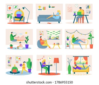 Freelance work at home, set of man woman freelancers with homework laptop, tablet, table computer workplace vector illustrations. People lifestyle situation workers at home office, free lance.