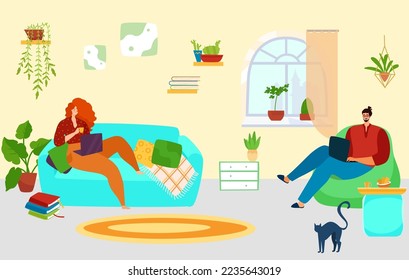 Freelance work at home, vector illustration, flat couple man woman character use laptop computer, internet remote job at home.