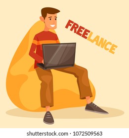 Freelance. Work at home. A young guy works at a computer sitting in a soft chair. Vector cartoon illustration. Character Design