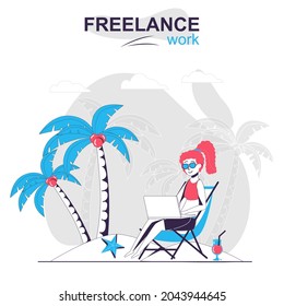 Freelance work isolated cartoon concept. Woman working on laptop on the beach, freelancer people scene in flat design. Vector illustration for blogging, website, mobile app, promotional materials.