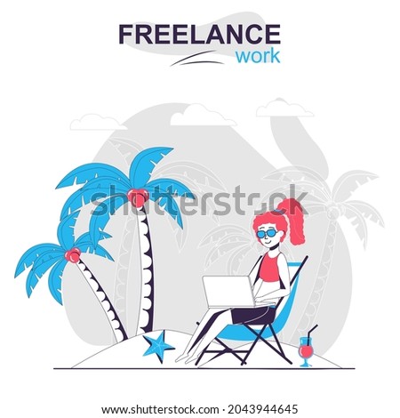 Freelance work isolated cartoon concept. Woman working on laptop on the beach, freelancer people scene in flat design. Vector illustration for blogging, website, mobile app, promotional materials.