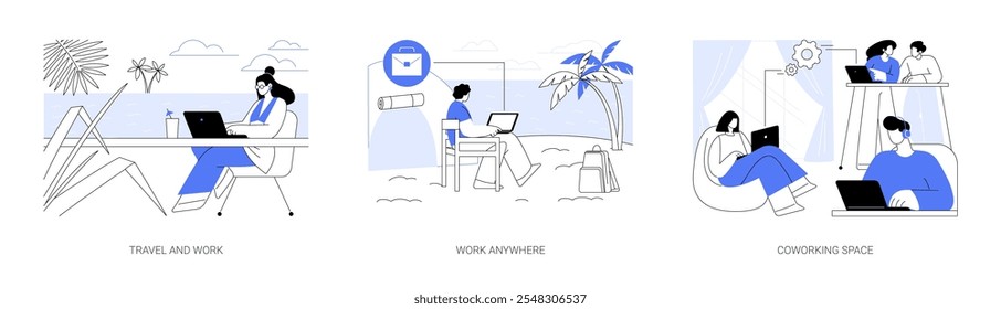 Trabalho freelance isolado desenhos animados vetor ilustrações conjunto. Viajar e trabalhar, trabalho remoto, estilo de vida de freelancers, pessoas no espaço de trabalho em grupo, nômade digital, trabalhando no exterior com laptop vetor cartoon.