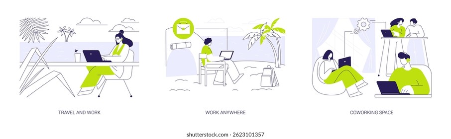 Trabalho freelance isolado desenhos animados vetor ilustrações conjunto. Viajar e trabalhar, trabalho remoto, estilo de vida de freelancers, pessoas no espaço de trabalho em grupo, nômade digital, trabalhando no exterior com laptop vetor cartoon.