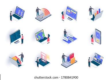 Freelance work isometric icons set. Outsourcing development and design, remote work flat vector illustration. Online communication and distance teamwork 3d isometry pictograms with people characters.