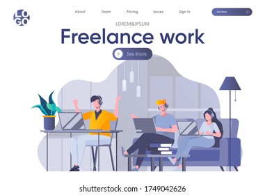 Freelance work landing page with header. Young developers team together working with laptops in coworking space scene. Remote work at company and self-employed occupation flat vector illustration.