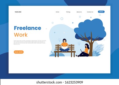 Freelance work landing page illustration concept. Two women working with laptops under a tree. landing page template