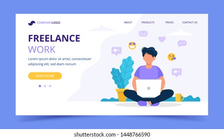 Freelance work landing page template. Man working with laptop in the park. Illustration for freelancing, remote work, business. Vector illustration in flat style