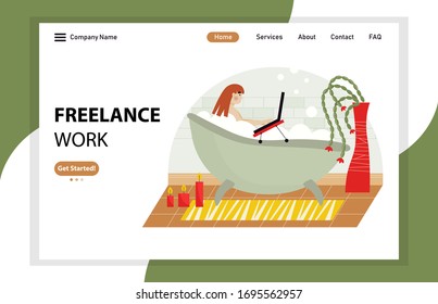 Freelance work landing page template. A young woman lies in a bath with bubbles and a laptop. Workdays on self-isolation. Simple flat vector illustration.
