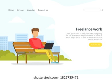 Freelance Work Landing Page Template, Young Man Using Laptop Computer while Sitting on Bench in Park Outdoors, Freelance, E-learning Concept Flat Vector Illustration