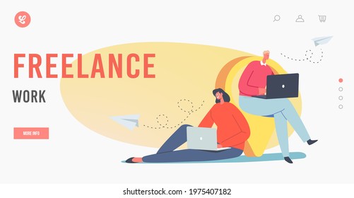 Freelance Work Landing Page Template. Tiny Characters with Laptops at Huge Navigation Pin. Outsourcing Business Process, Outplacement Software Development. Cartoon People Vector Illustration