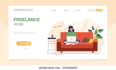 Freelance work landing page template. Girl working with laptop on the sofa. Woman freelancer working or studying from home online. Self-employed people work in comfortable conditions cute illustration