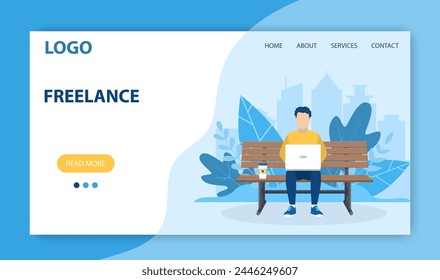 Freelance work landing page template. Concept design for poster, banner, flyer, web page. man with laptop sitting on the bench in nature. Vector illustration in flat style