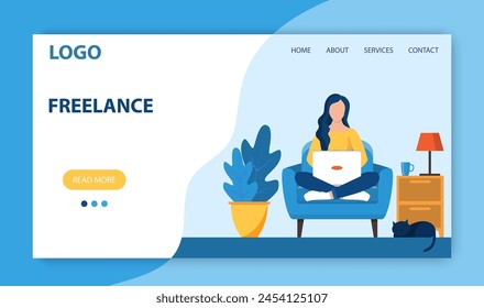 Freelance work landing page template. Concept design for poster, banner, flyer, web page. Woman with laptop sitting on the chair with crossed legs. Vector illustration in flat style