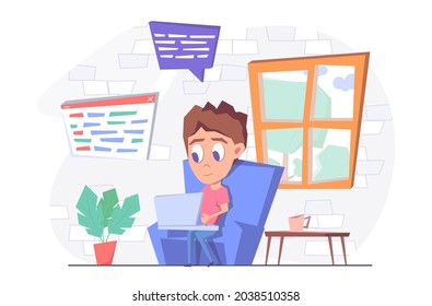 Freelance work. A male freelancer works from home. He sits in a chair with his laptop, coffee on the table next to him. Flat vector illustration.