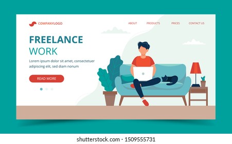 Freelance work - man with laptop on the chair. Landing page template. Cute vector illustration in flat style.